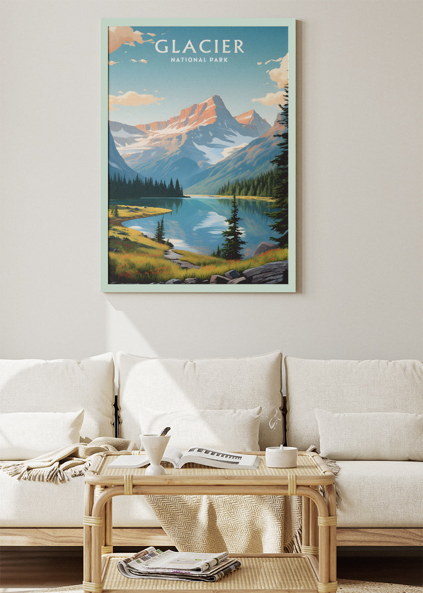 Glacier National Park Poster & Canvas Print – Mountain Lake Landscape Illustration Wall Art