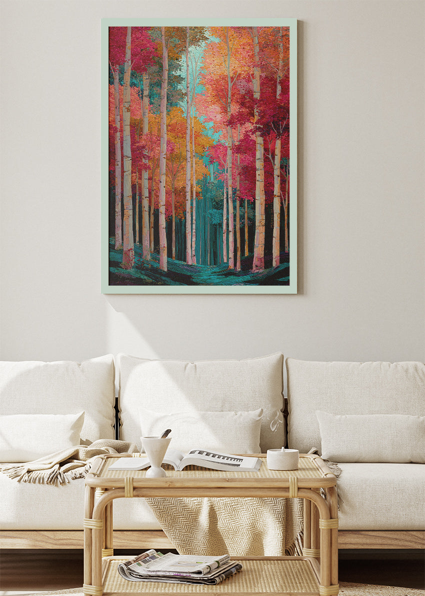 Vibrant Autumn Forest Wall Art – Colorful Birch Tree Canvas Print & Modern Nature Portrait Poster
