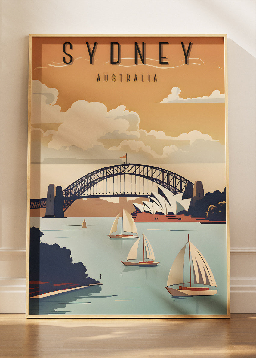 Sydney Australia Travel Poster & Canvas Wall Art – Harbour Bridge & Opera House Vintage Sailing Illustration