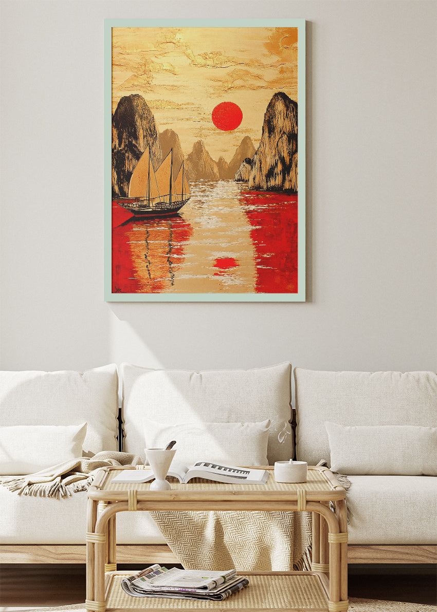 Crimson Sun Harbour – Oriental Inspired Mountain & Sailboat Wall Art Poster & Canvas – AI PRINT LAB