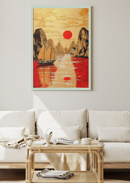 Crimson Sun Harbour – Oriental Inspired Mountain & Sailboat Wall Art Poster & Canvas – AI PRINT LAB