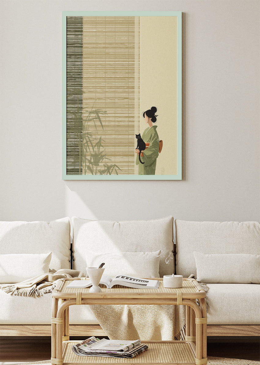 Japanese Minimalist Woman with Cat Wall Art – Zen Bamboo Canvas Print & Elegant Portrait Poster