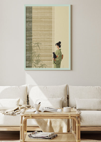 Japanese Minimalist Woman with Cat Wall Art – Zen Bamboo Canvas Print & Elegant Portrait Poster