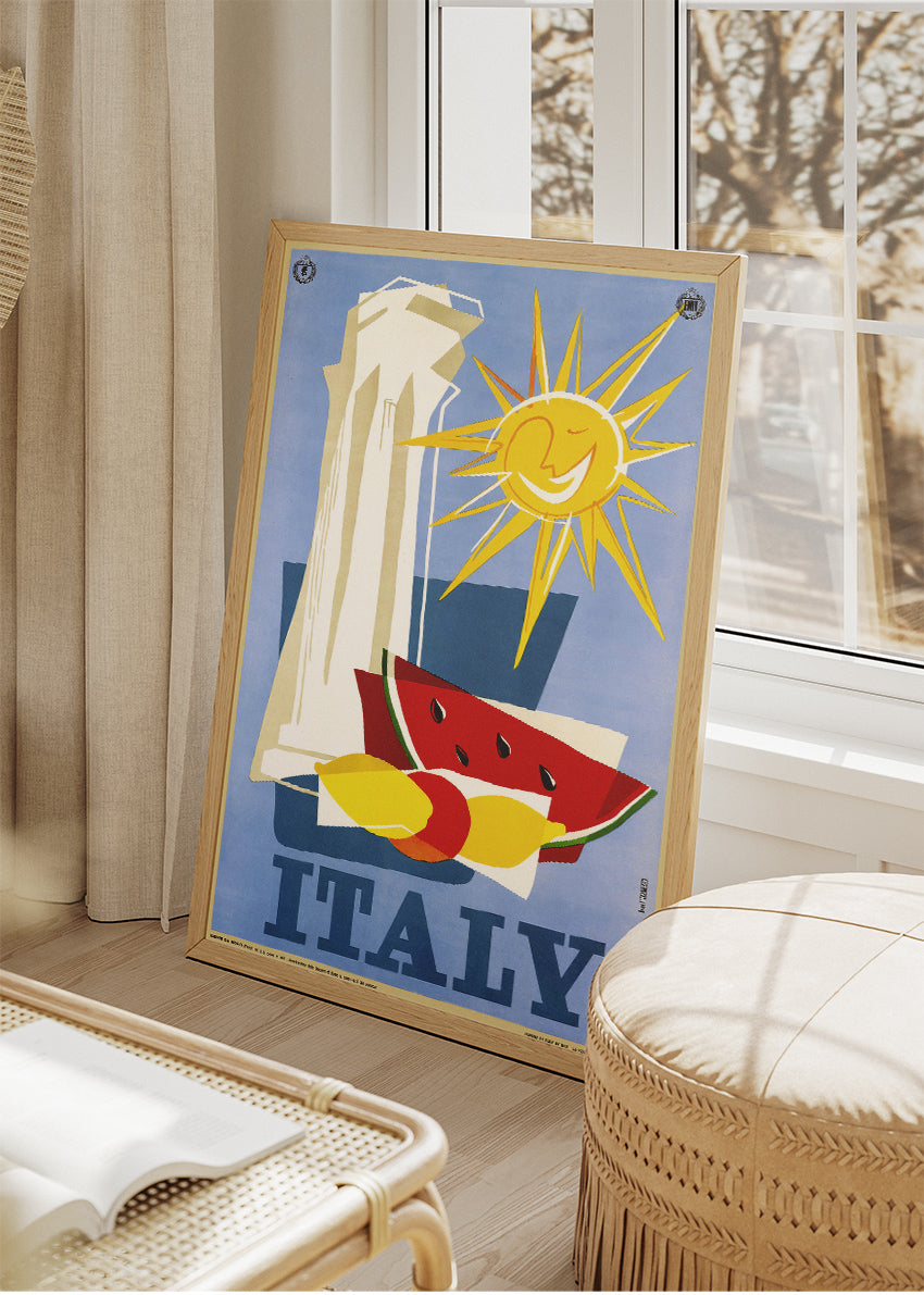 Italy Poster & Canvas Print – Vintage Abstract Travel Art (Fruit & Sun Design)