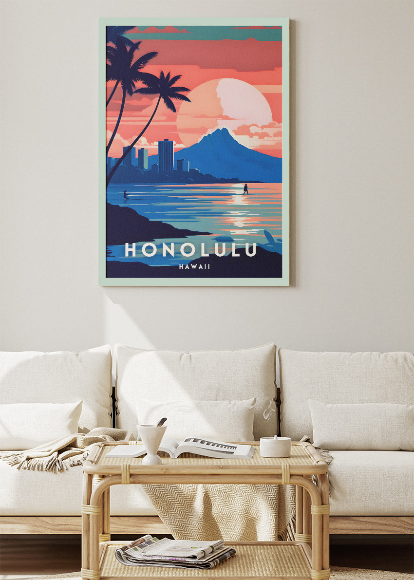 Honolulu Hawaii Poster & Canvas Print – Tropical Sunset Coastline Illustration