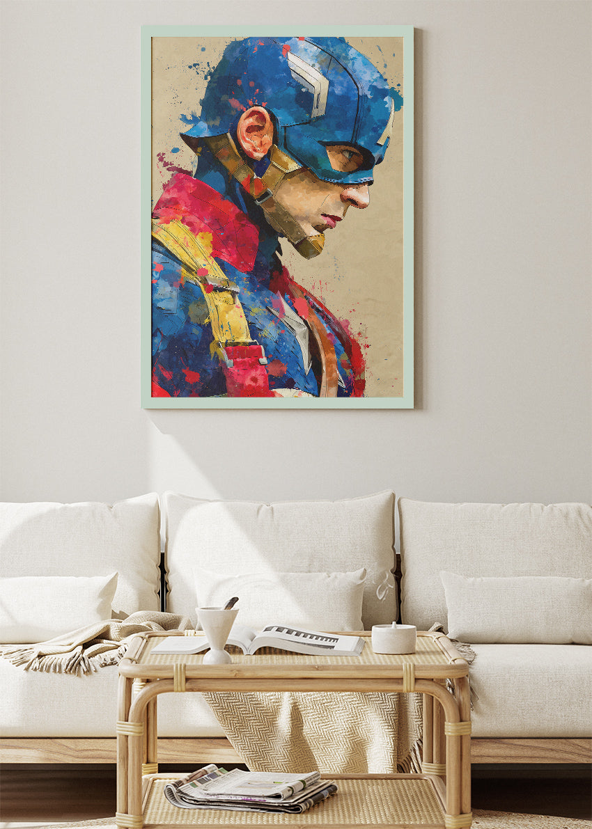 Captain America – Watercolor Splash Portrait Canvas & Poster Print – AI PRINT LAB