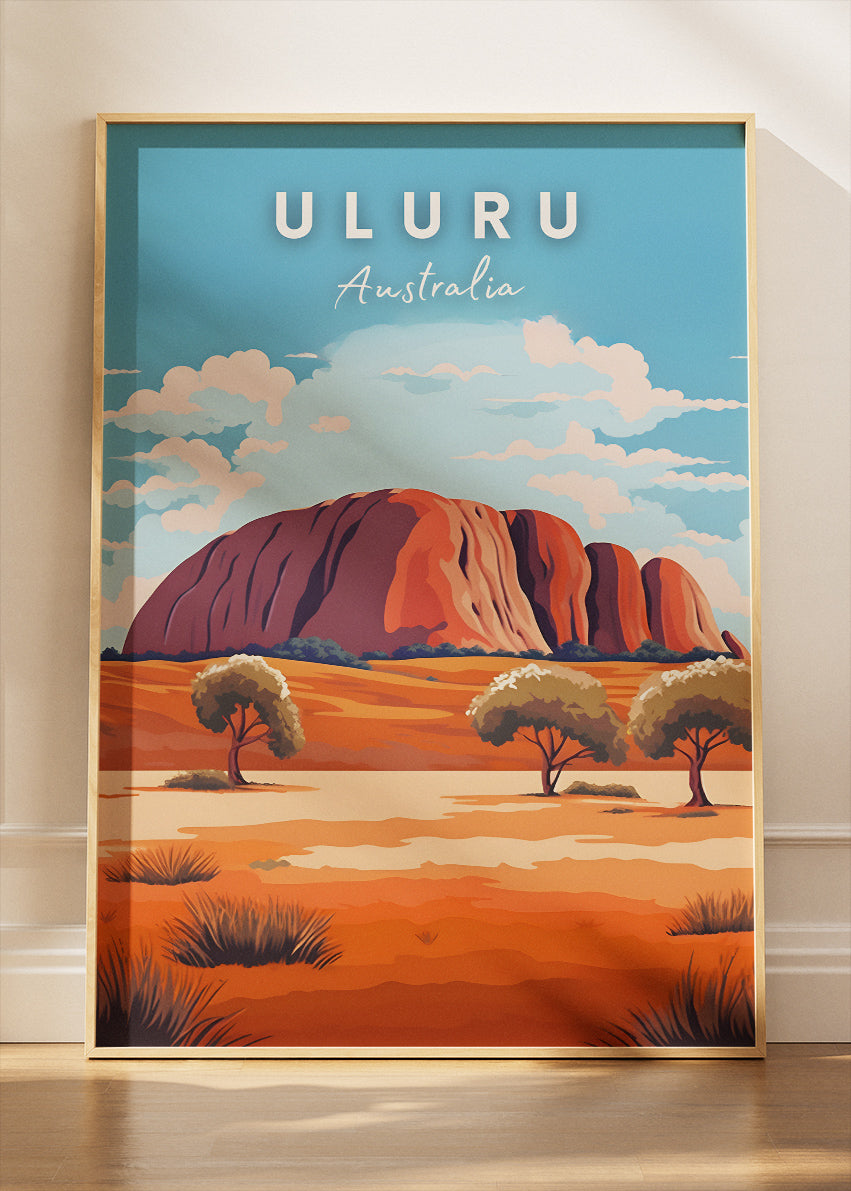 Uluru Australia Travel Poster & Canvas Wall Art – Red Desert Landscape Illustration