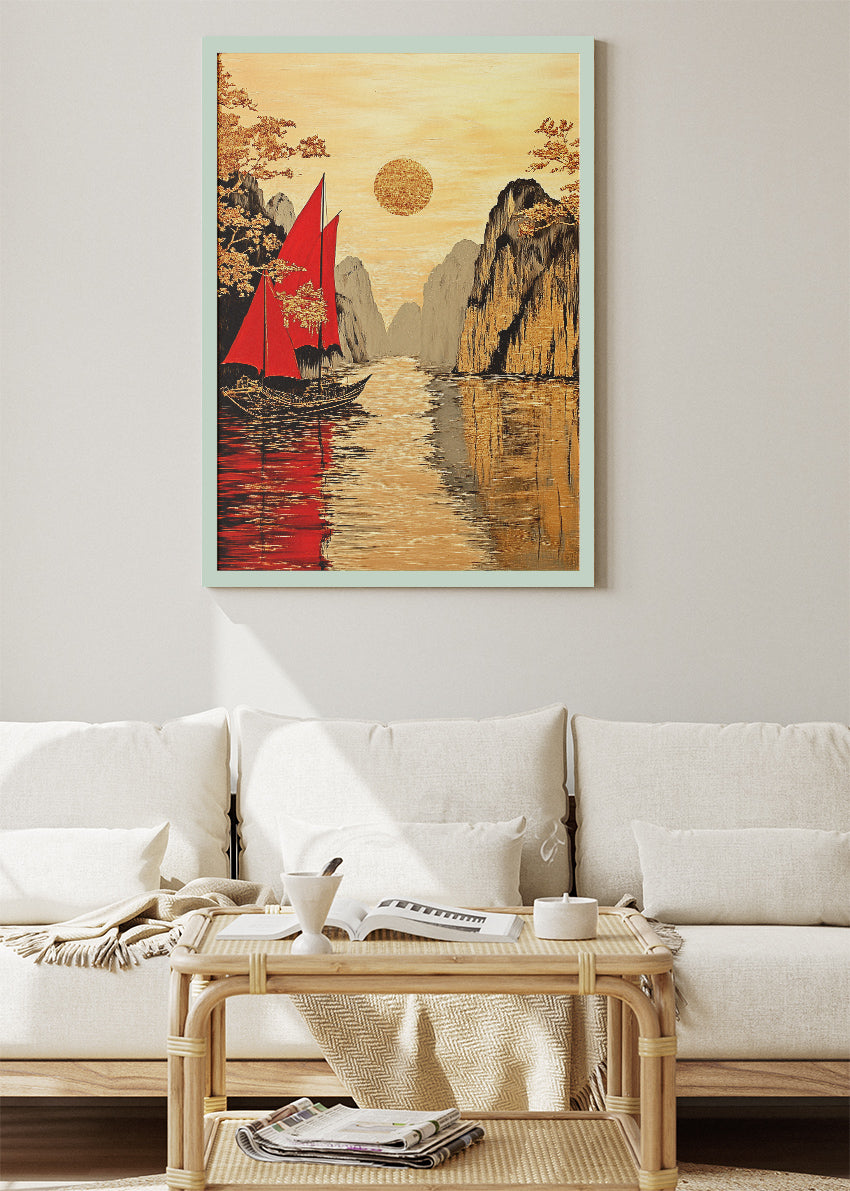 Golden Horizon with Crimson Sails – Oriental Inspired Mountain Harbour Wall Art – AI PRINT LAB