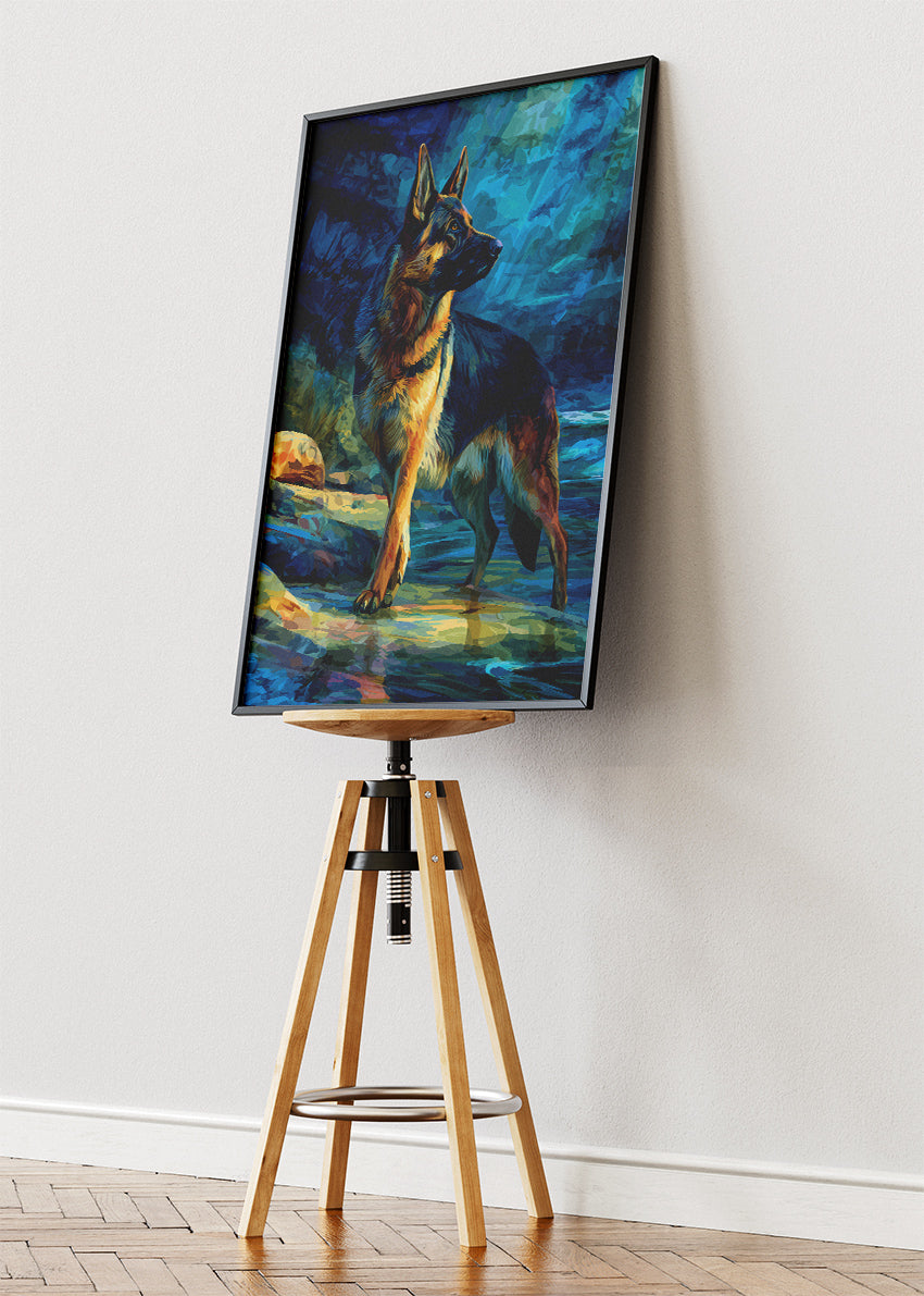 German Shepherd Poster & Canvas Print – Majestic Dog in Blue Wilderness Art