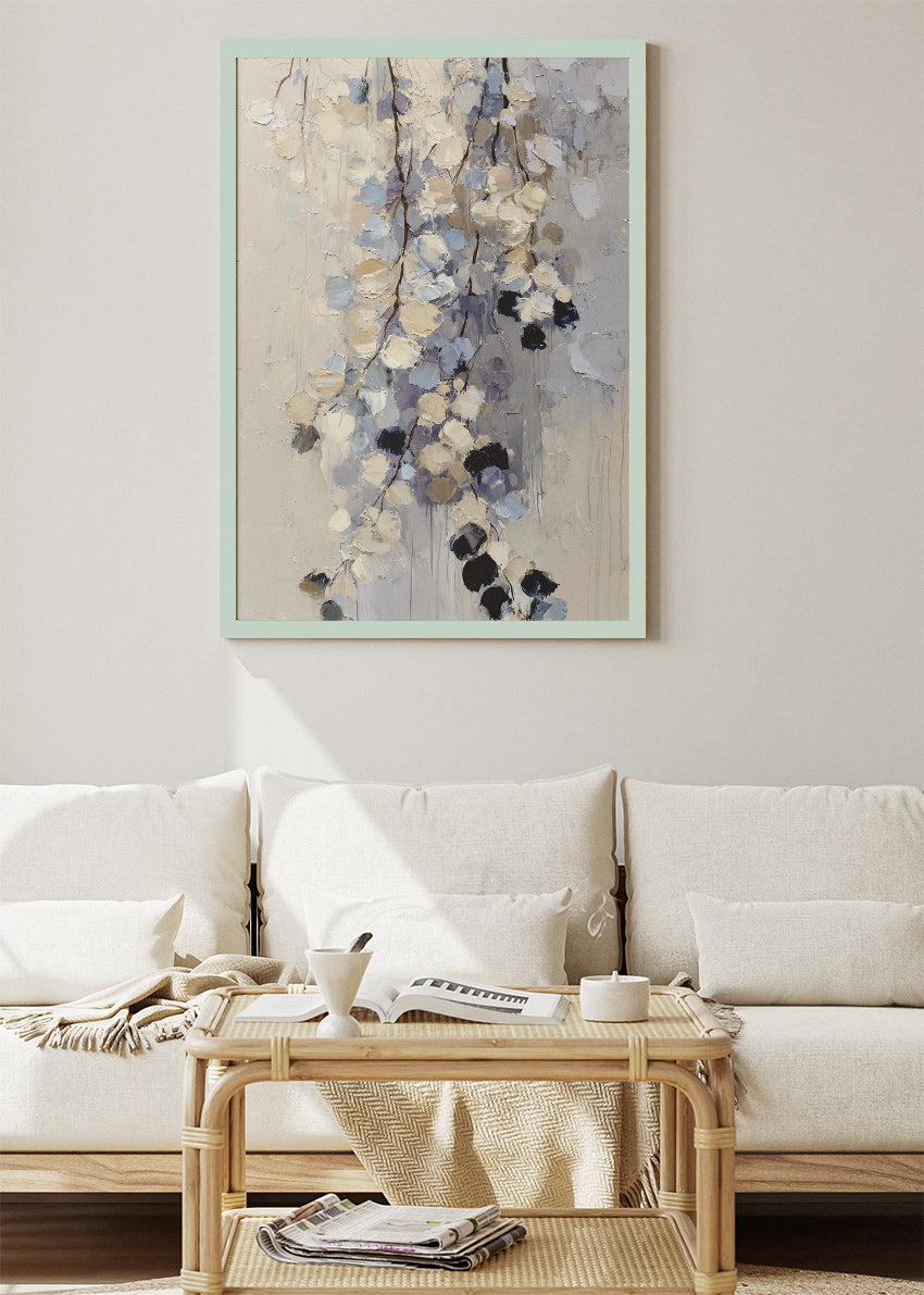 Soft Neutral Abstract Floral Wall Art – Textured Blue & Beige Canvas Print | Modern Botanical Portrait Poster