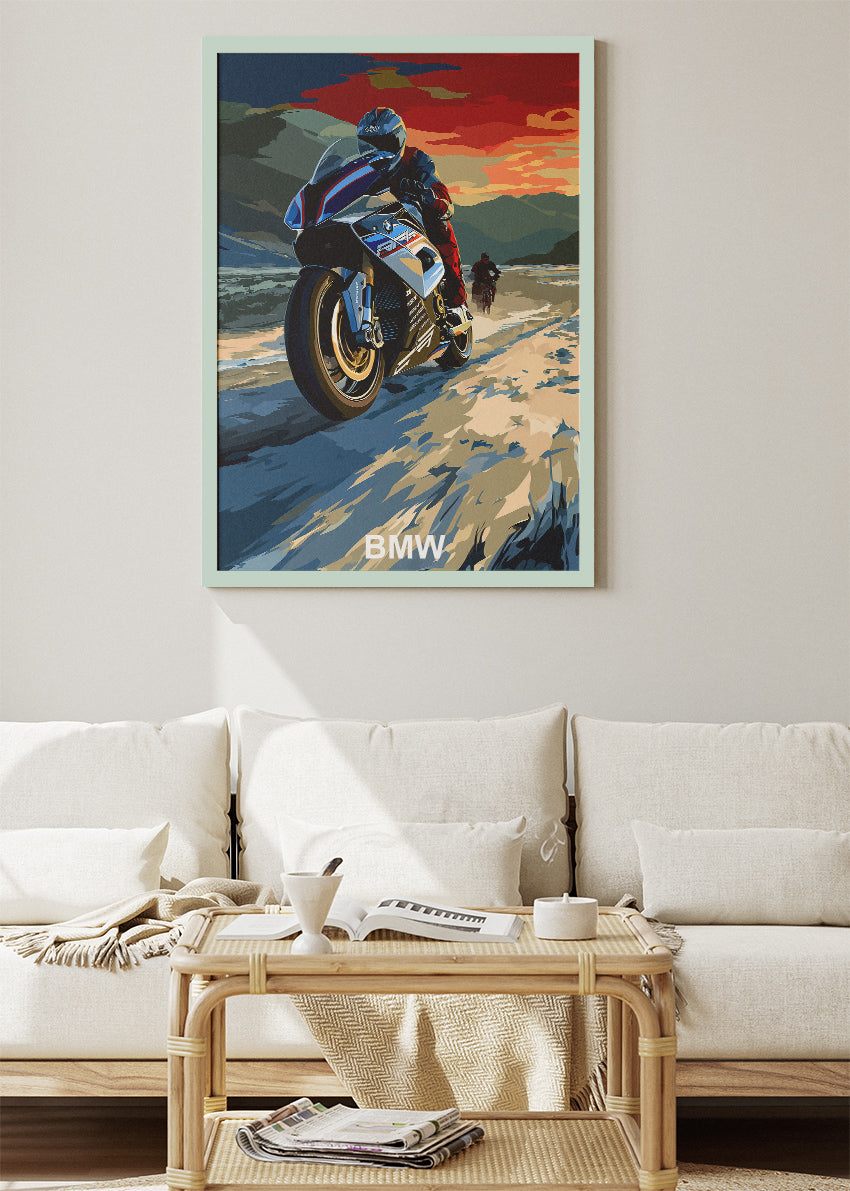 BMW Superbike Coastal Ride Art Poster & Canvas
