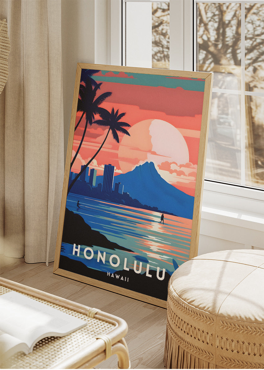 Honolulu Hawaii Sunset Poster & Canvas Print – Illustrated Tropical Skyline Art