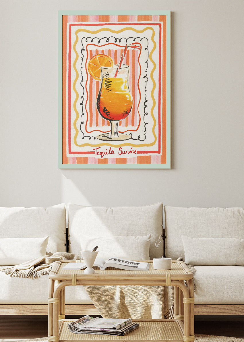 Tequila Sunrise Retro Illustration Poster & Canvas Print | Hand-Drawn Cocktail Wall Art