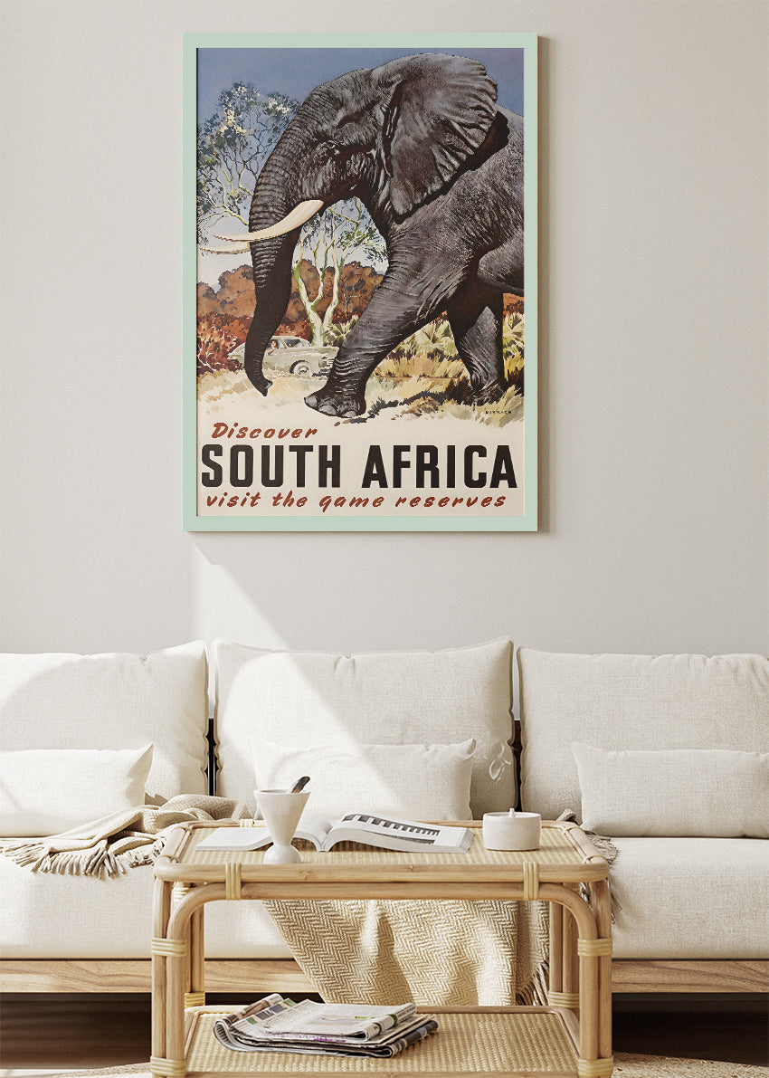 South Africa Elephant Safari Poster & Canvas Print – Vintage Wildlife Travel Art