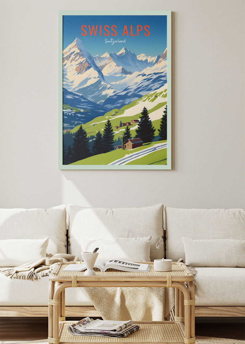Swiss Alps Switzerland Poster & Canvas Print – Illustrated Mountain Landscape Travel Art