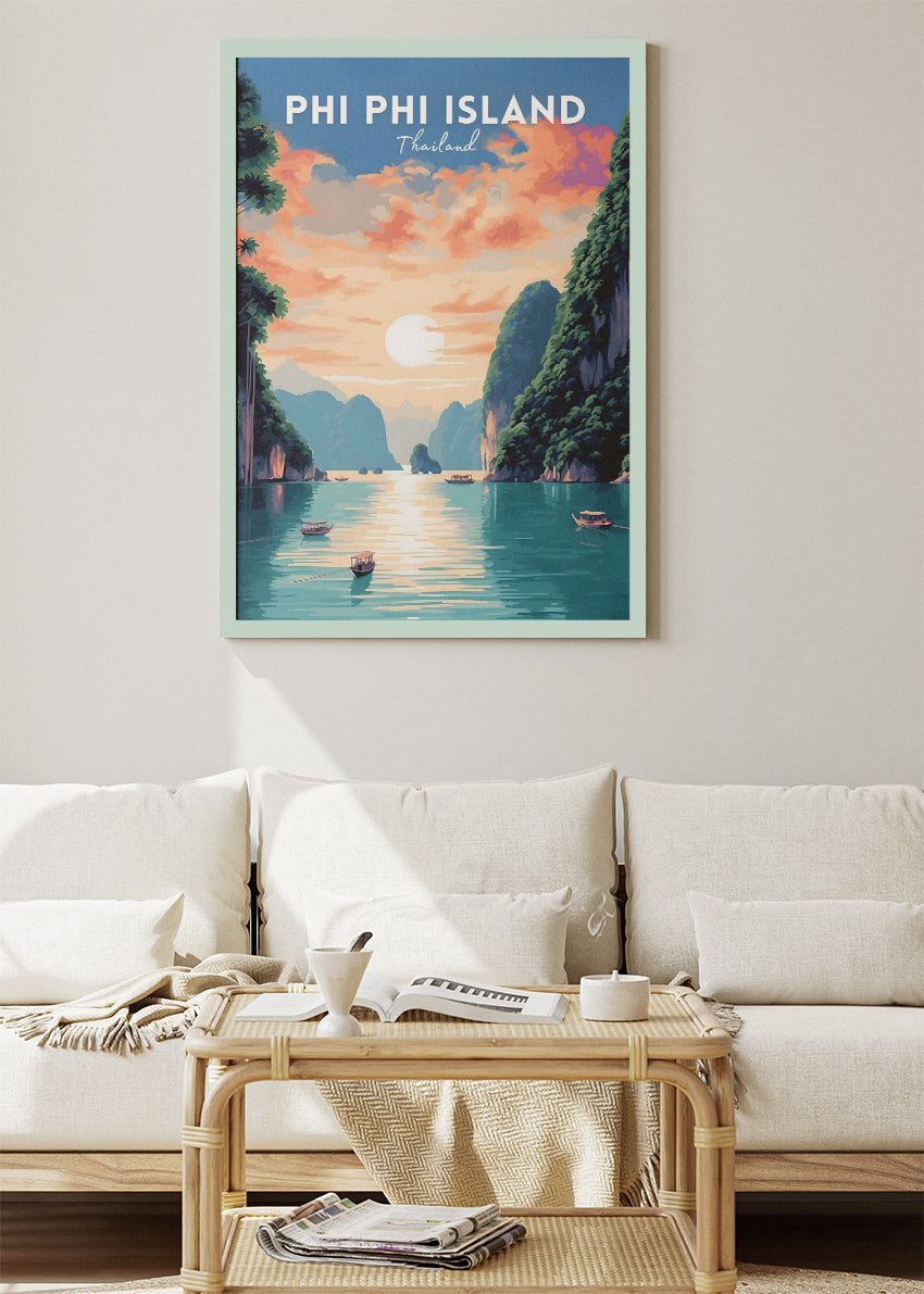 Phi Phi Island Thailand Poster & Canvas Print – Vintage Tropical Sunset Travel Art