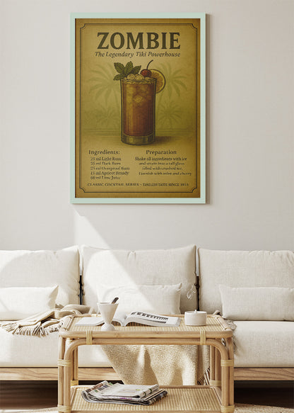 Zombie Vintage Tiki Cocktail Poster & Canvas Print | Classic Recipe Bar Wall Art