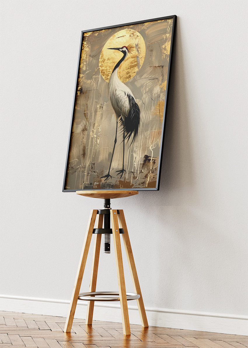 Golden Crane Poster & Canvas Print – Elegant Japanese Minimalist Bird Art