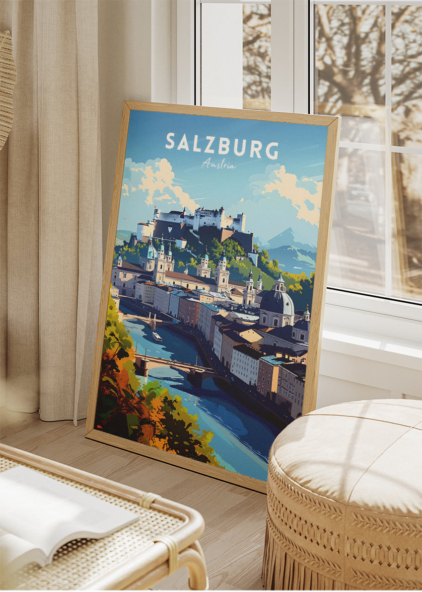 Salzburg Austria Travel Poster & Canvas Wall Art – Old Town & Fortress Hohensalzburg Illustration