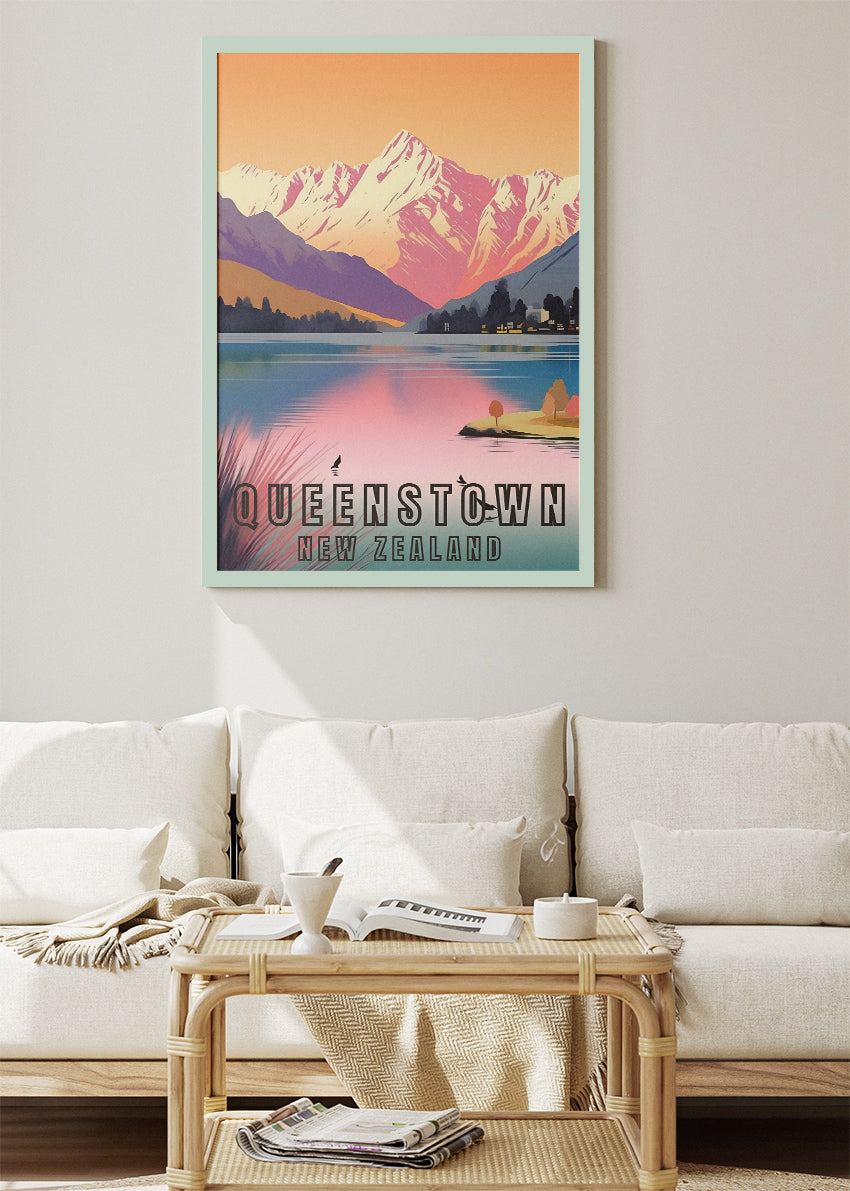 Queenstown New Zealand Poster & Canvas Print – Modern Illustrated Sunset Mountain Art
