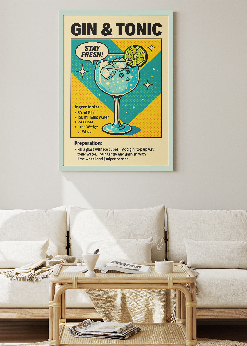 Gin & Tonic Pop Art Cocktail Poster & Canvas Print | Retro Bar Wall Art