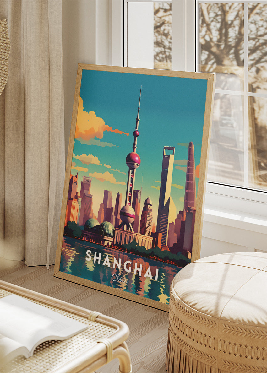 Shanghai China Travel Poster & Canvas Print – Skyline Illustration Wall Art