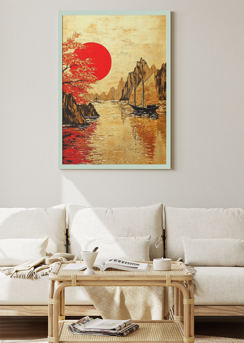 Golden River Sunset with Red Sun – Oriental Inspired Sailboat Wall Art – AI PRINT LAB