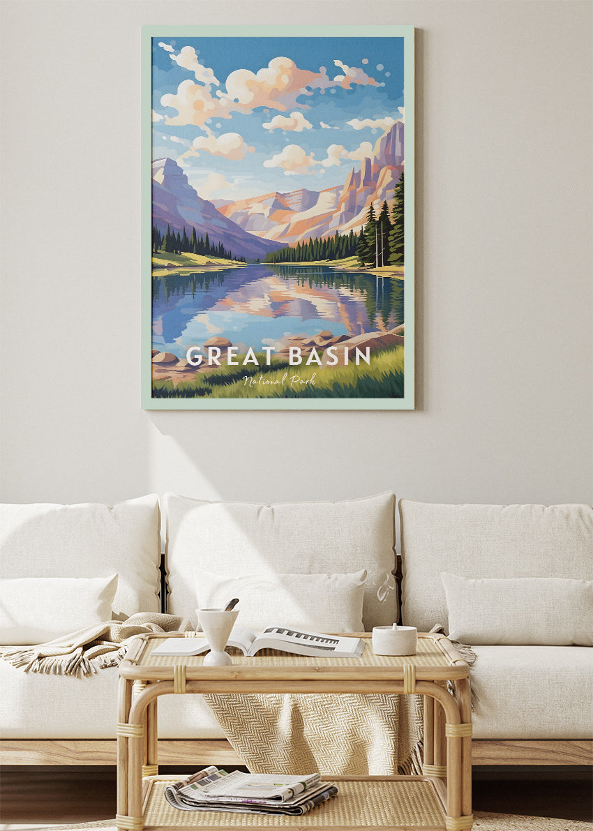 Great Basin National Park Poster & Canvas Print – Mountain Lake Landscape Illustration Wall Art