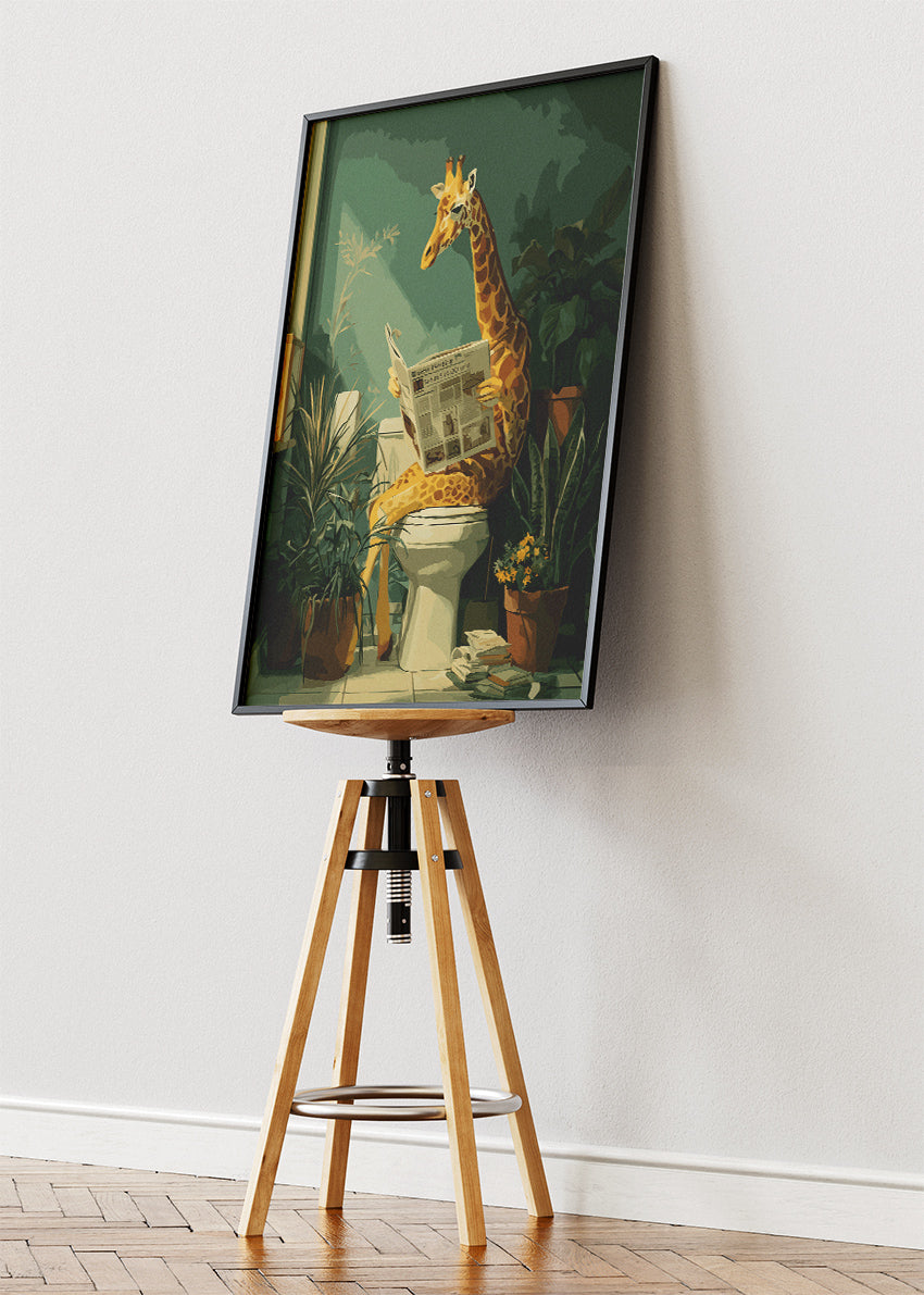 Funny Giraffe Poster & Canvas Print – Reading Newspaper Bathroom Art