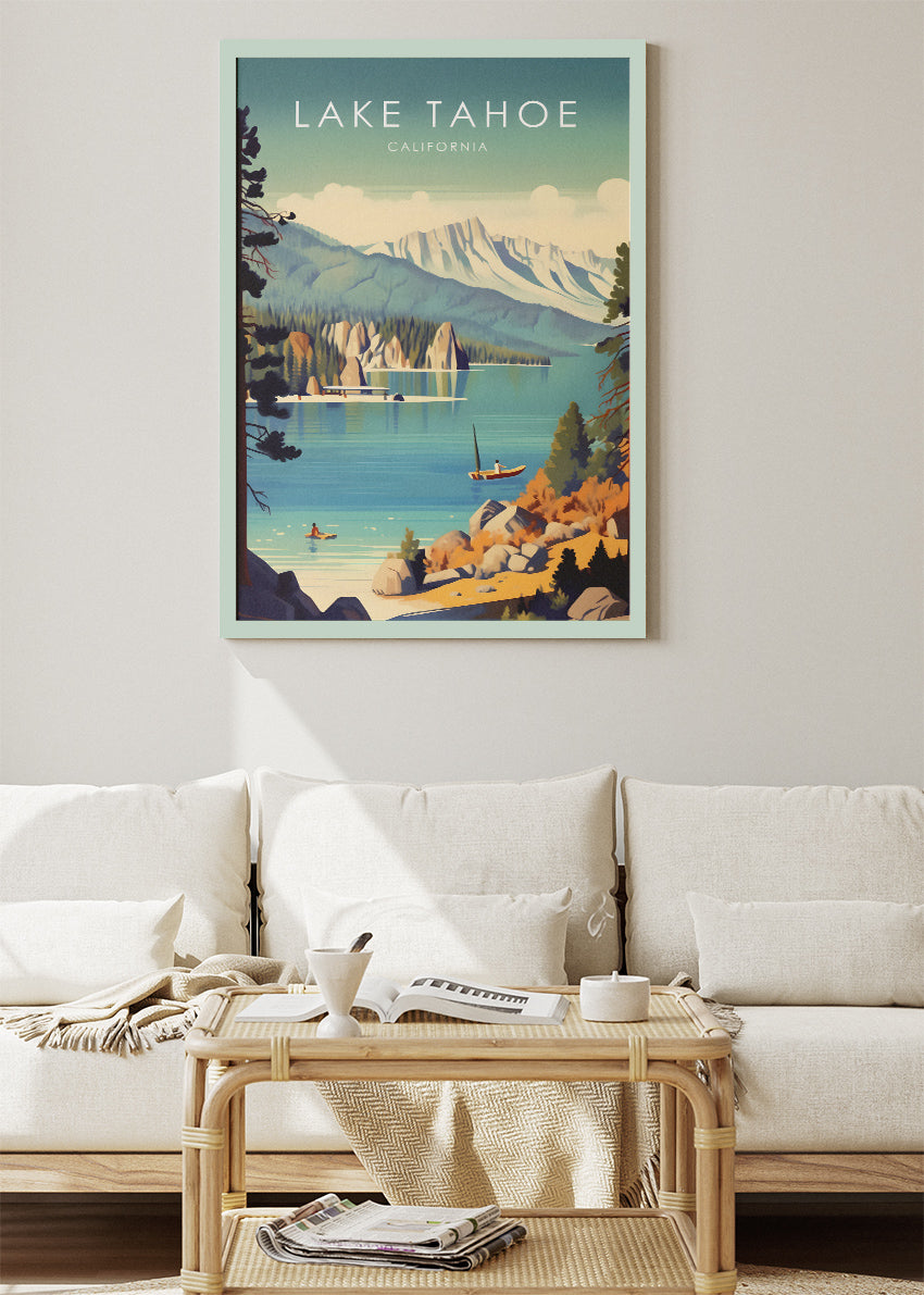 Lake Tahoe California Poster & Canvas Print – Scenic Mountain Lake Illustration