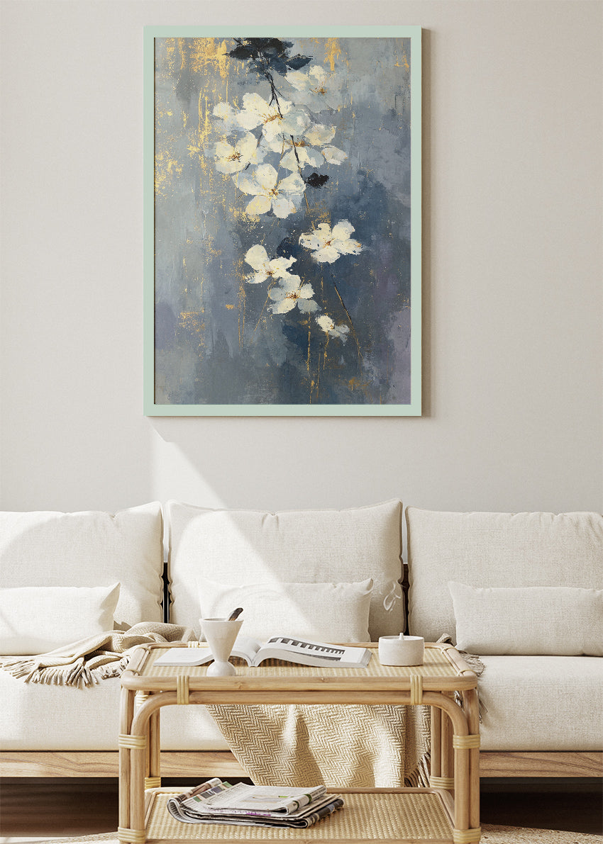 Blue & Gold Floral Wall Art – Elegant White Blossom Canvas Print | Textured Botanical Portrait Poster