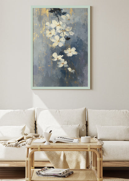 Blue & Gold Floral Wall Art – Elegant White Blossom Canvas Print | Textured Botanical Portrait Poster
