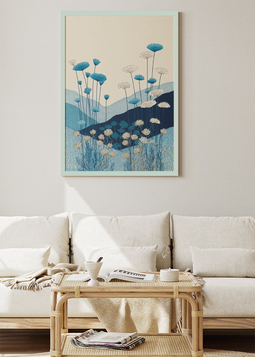 Blue Meadow Botanical Wall Art – Minimalist Floral Landscape Canvas Print | Modern Nature Portrait Poster