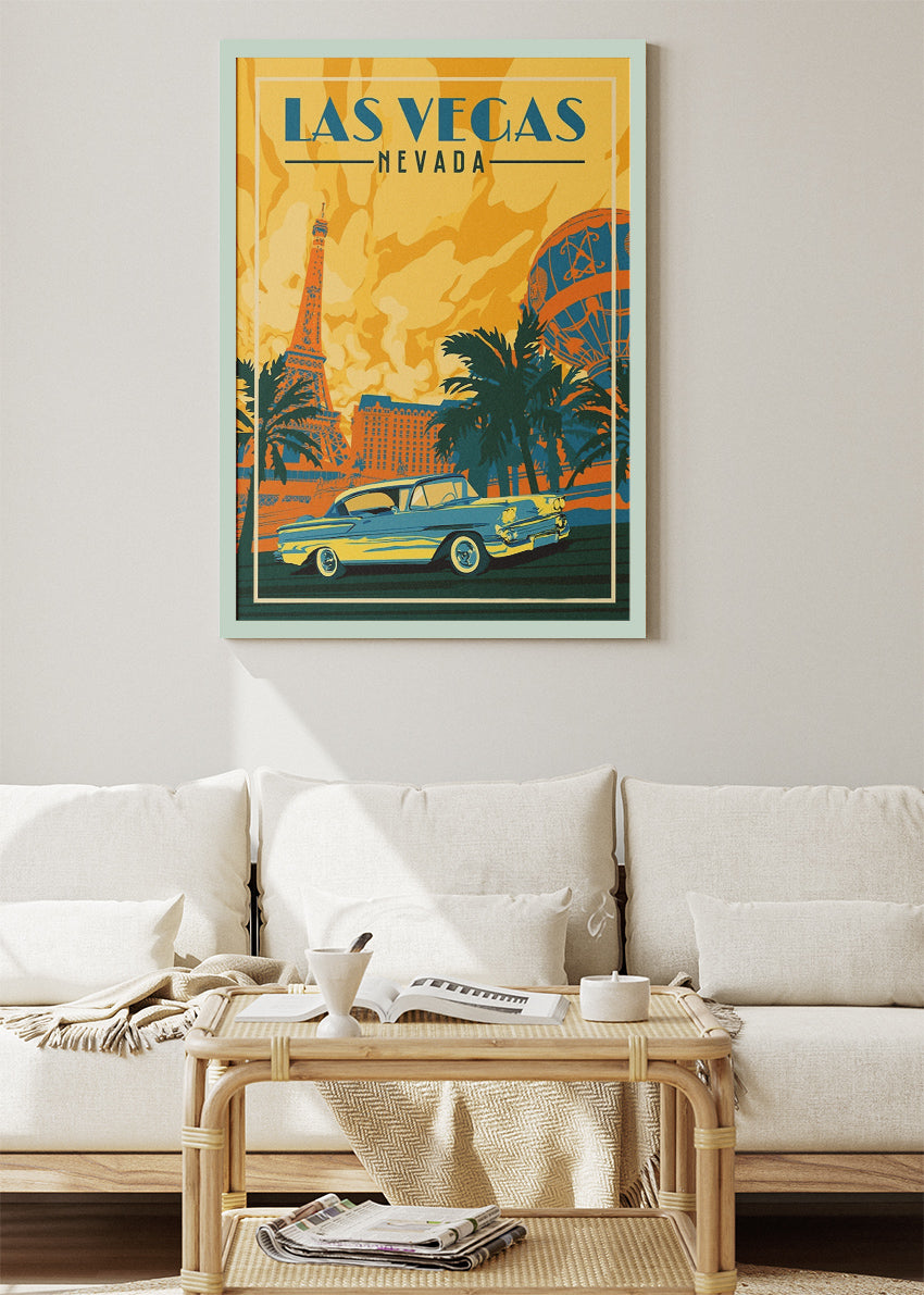 Las Vegas Nevada Poster & Canvas Print – Retro Strip & Classic Car Illustration