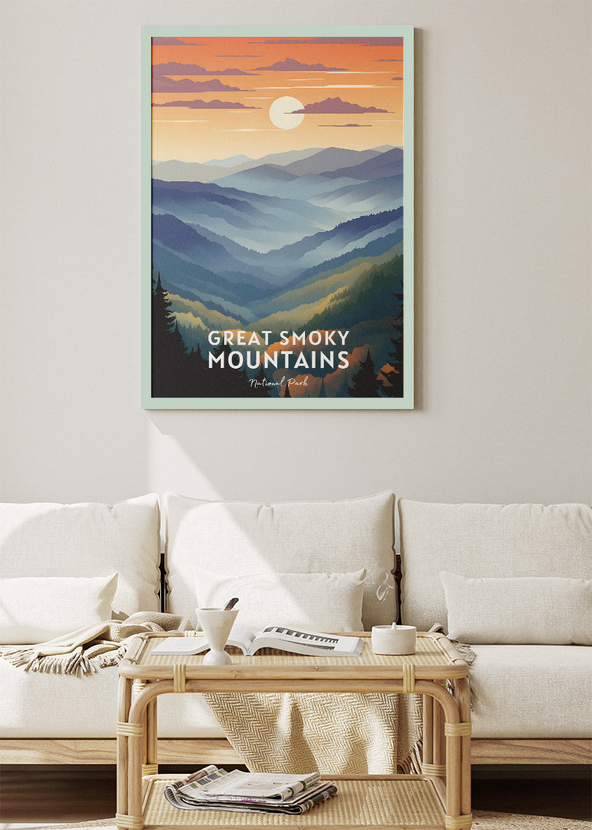 Great Smoky Mountains National Park Poster & Canvas Print – Misty Mountain Sunset Illustration Wall Art