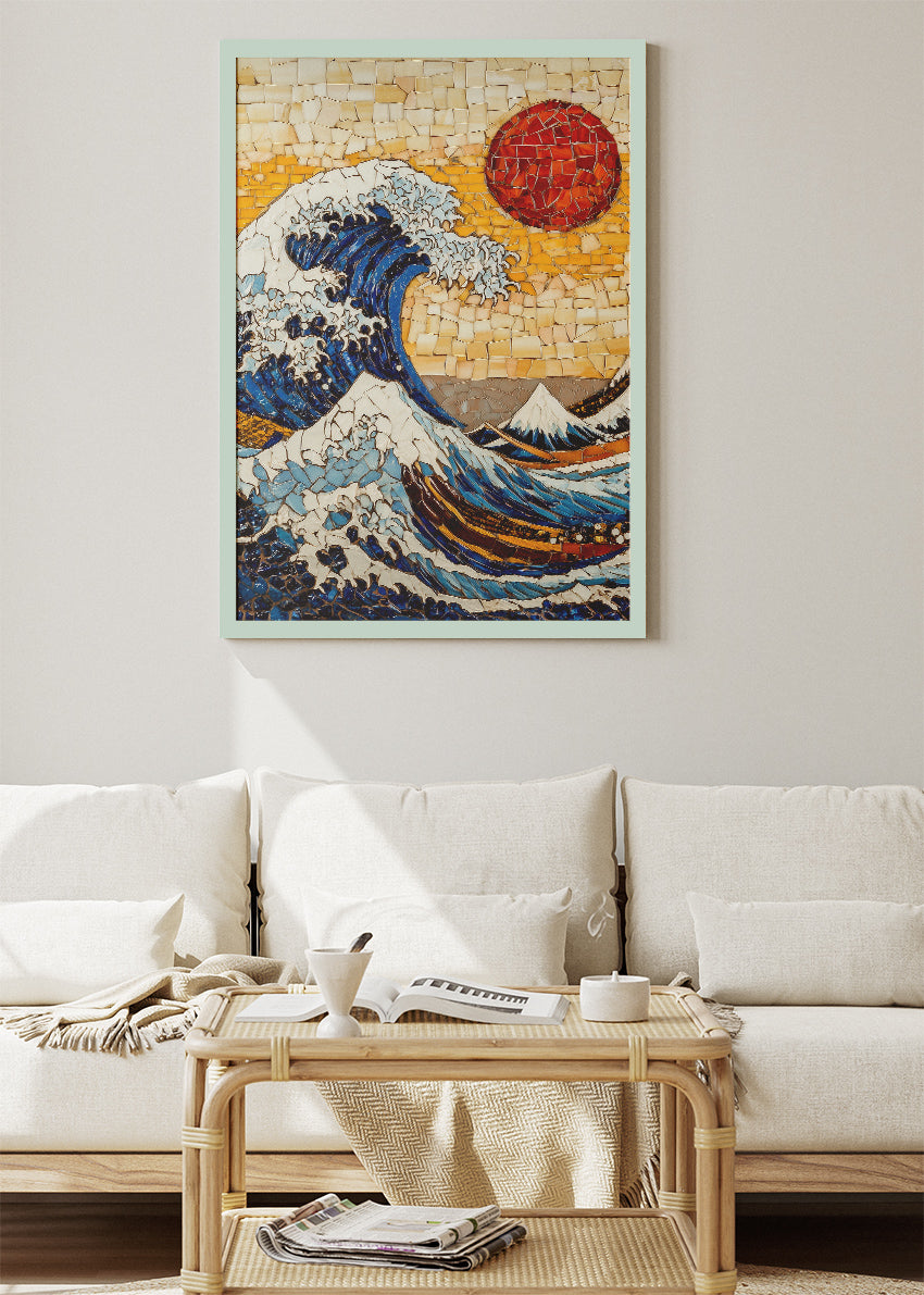 Textured Mosaic Wave with Red Sun – Japanese Inspired Ocean Wall Art – AI PRINT LAB