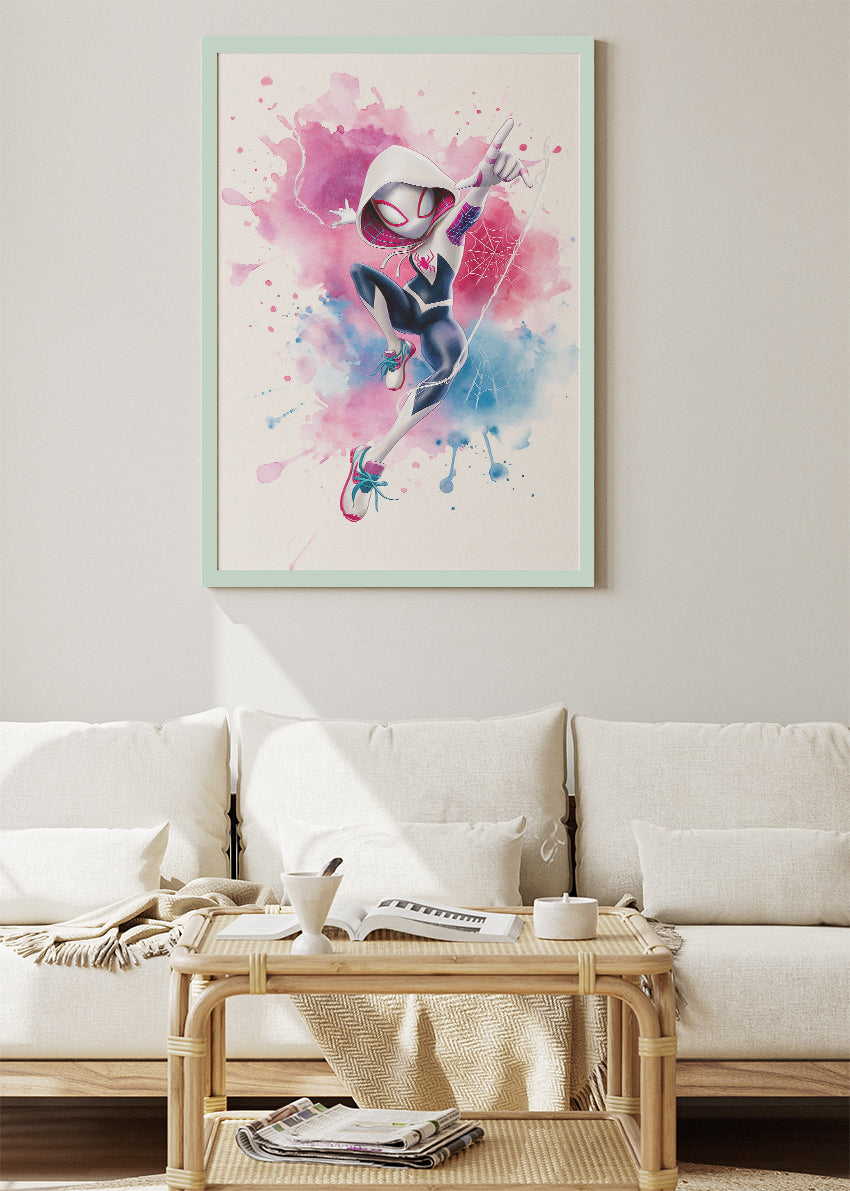 Spider-Gwen – Watercolor Splash Action Canvas & Poster Print – AI PRINT LAB