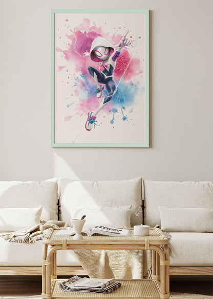 Spider-Gwen – Watercolor Splash Action Canvas & Poster Print – AI PRINT LAB