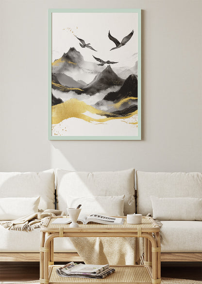Minimal Black & Gold Mountain Landscape – Elegant Crane Wall Art – AI PRINT LAB