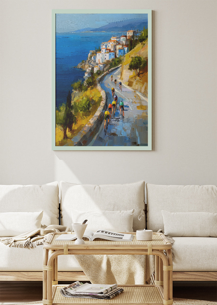 Coastal Road Cycling Art Print & Canvas – Peloton Above the Sea