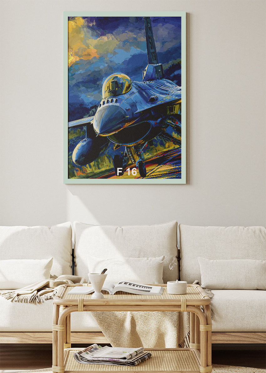 F-16 Fighting Falcon Poster & Canvas Print – Blue Tactical Jet Illustration – AiPrintLab