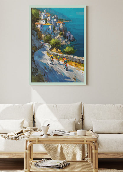 Cliffside Coastal Cycling Art Print & Canvas – Riders Above the Mediterranean