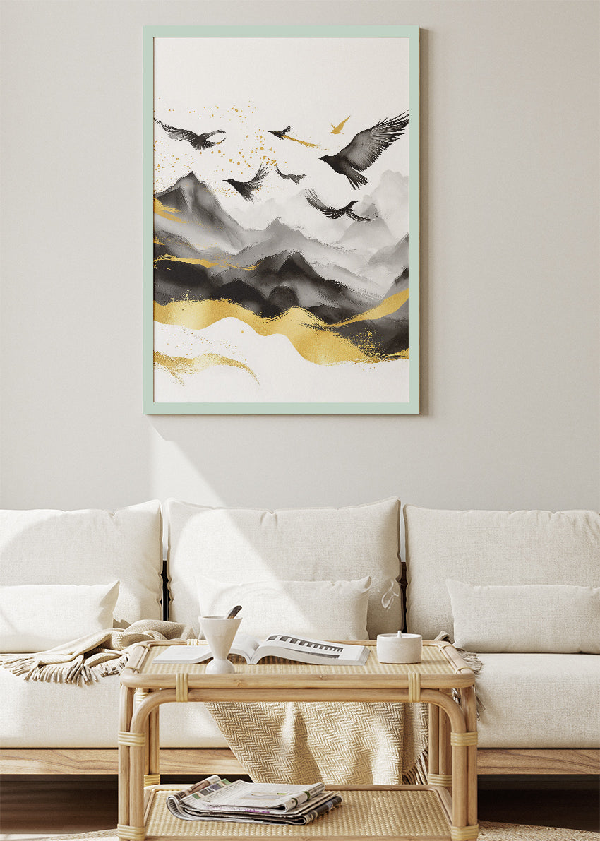 Black & Gold Flying Birds Over Mountains – Minimalist Luxury Wall Art – AI PRINT LAB