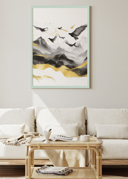 Black & Gold Flying Birds Over Mountains – Minimalist Luxury Wall Art – AI PRINT LAB