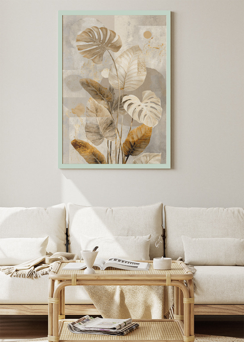 Neutral Tropical Leaf Wall Art – Beige & Gold Monstera Canvas Print | Modern Botanical Portrait Poster