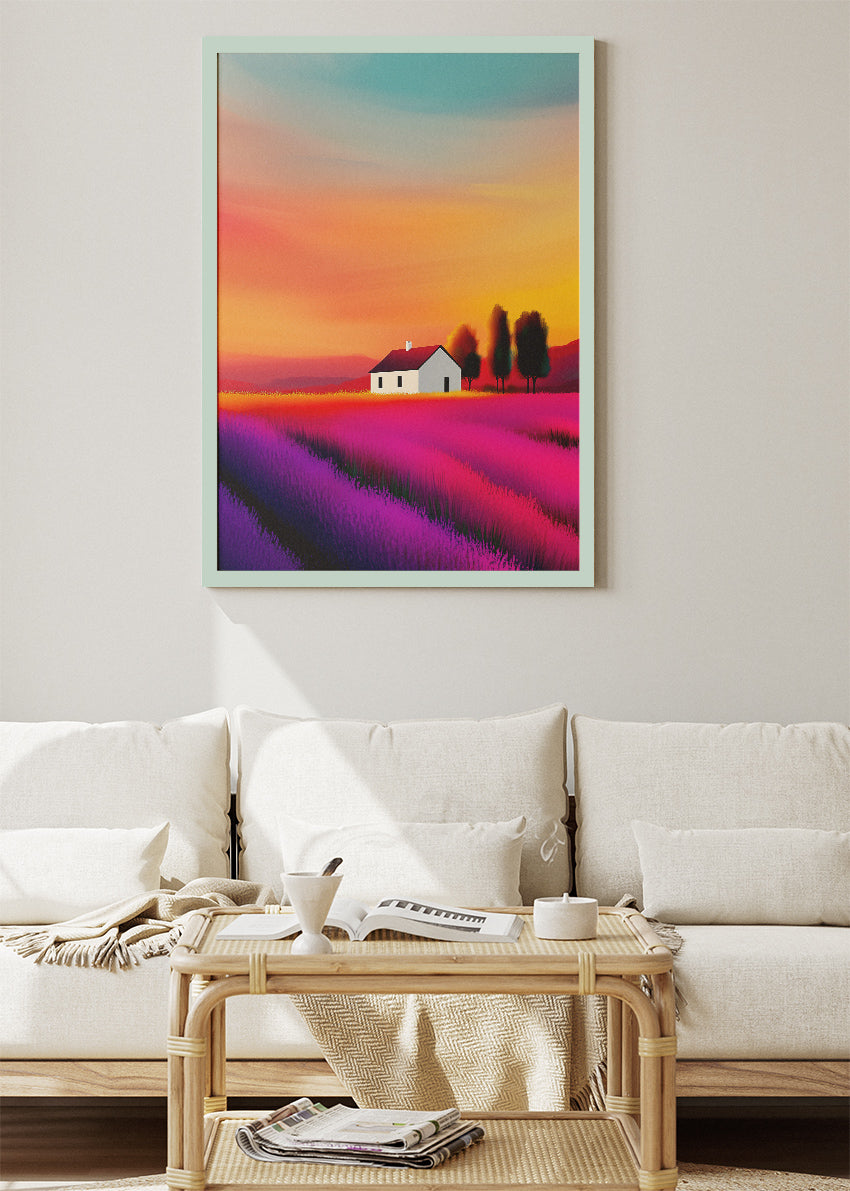 Vibrant Lavender Fields at Sunset – Modern Colourful Landscape Wall Art – AI PRINT LAB