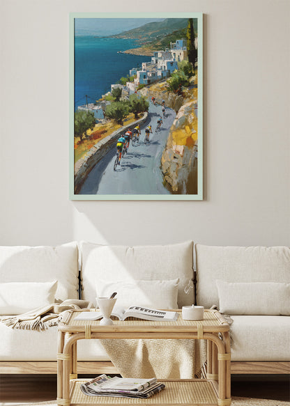 Mediterranean Descent Cycling Art Print & Canvas – Riders Along the Coastal Road