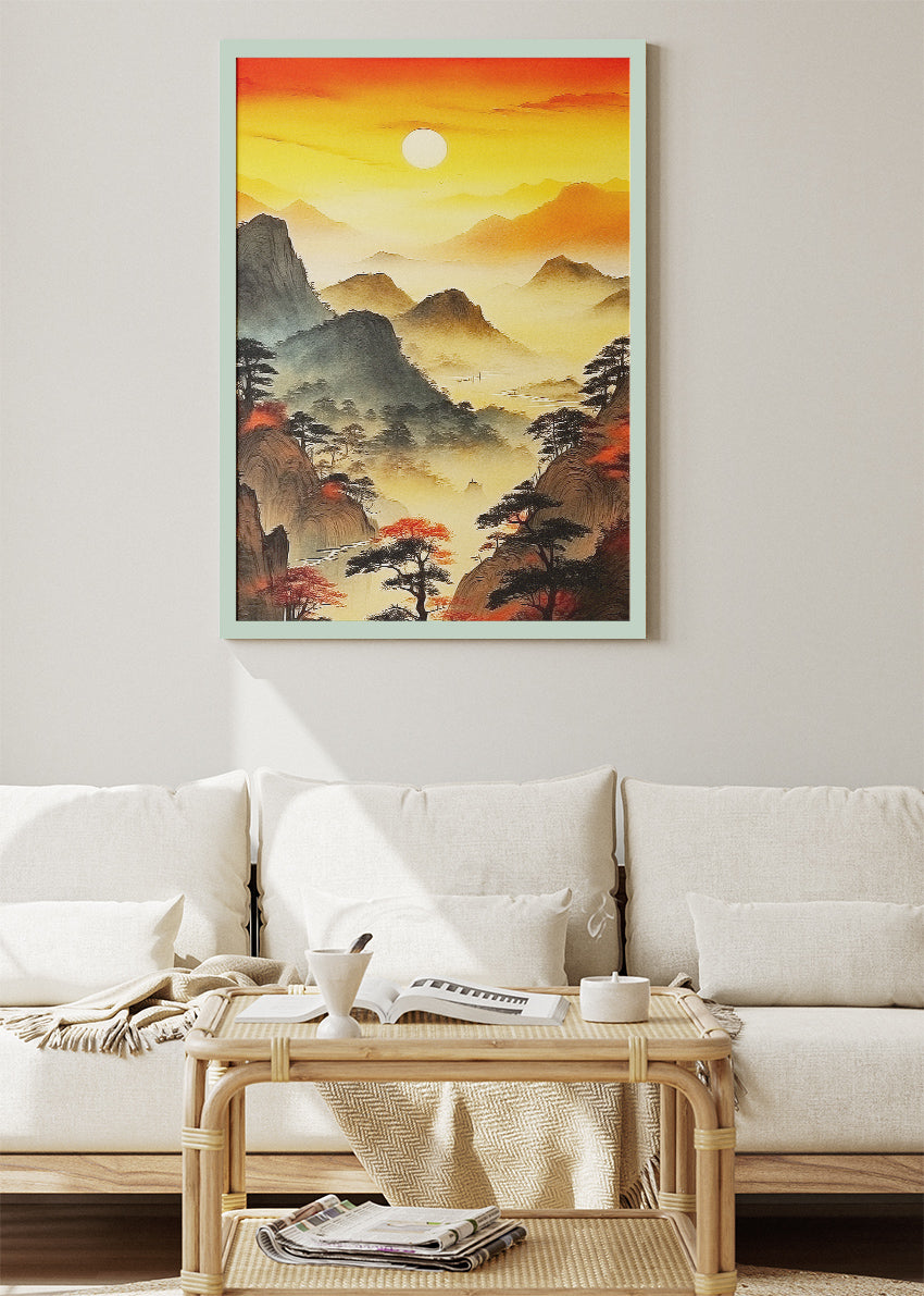 Golden Misty Mountain Sunrise – Asian Inspired Landscape Wall Art – AI PRINT LAB
