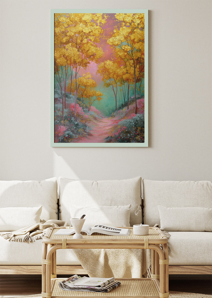 Golden Autumn Path Wall Art – Vibrant Yellow Trees Canvas Print | Dreamy Forest Landscape Portrait Poster