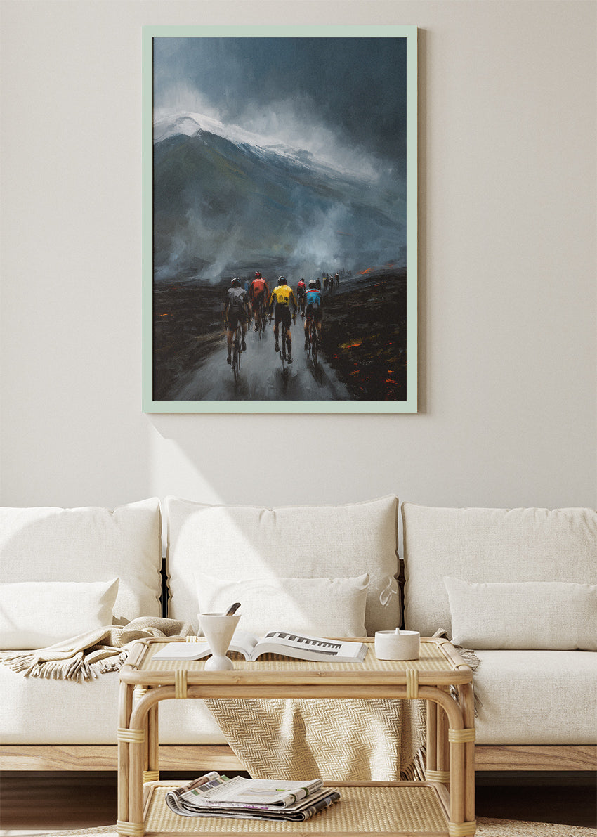 Volcanic Ascent Cycling Art Print & Canvas – Riders Through Ash and Storm